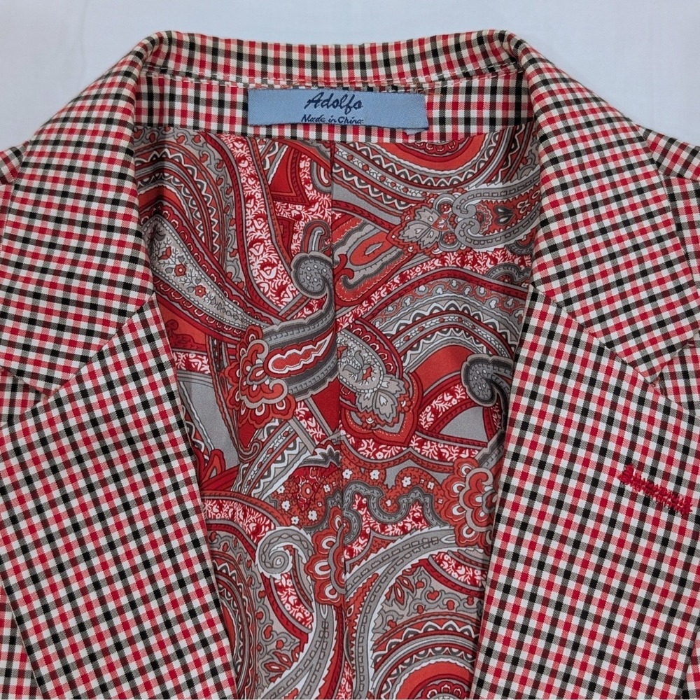 Adolfo Blazer 38R Cotton Crimson Red Gingham Summer Breeze Paisley Elbow Patches - Picture 4 of 15